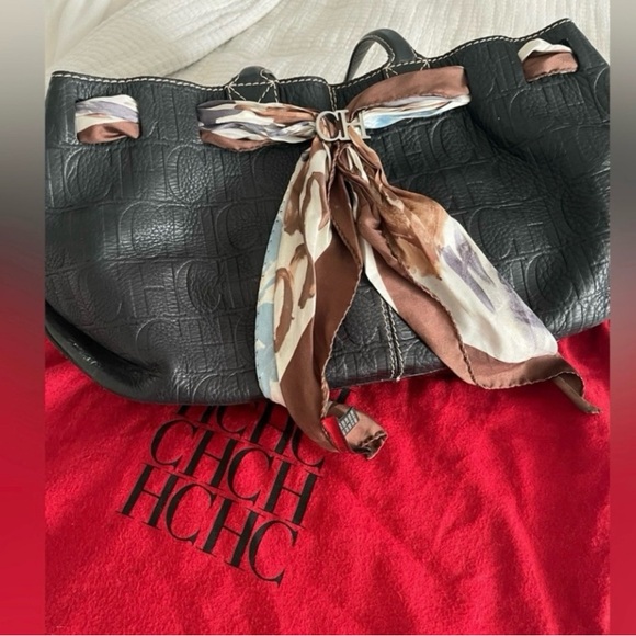 Carolina Herrera Black Tote with Patterned Scarf - Picture 1 of 4